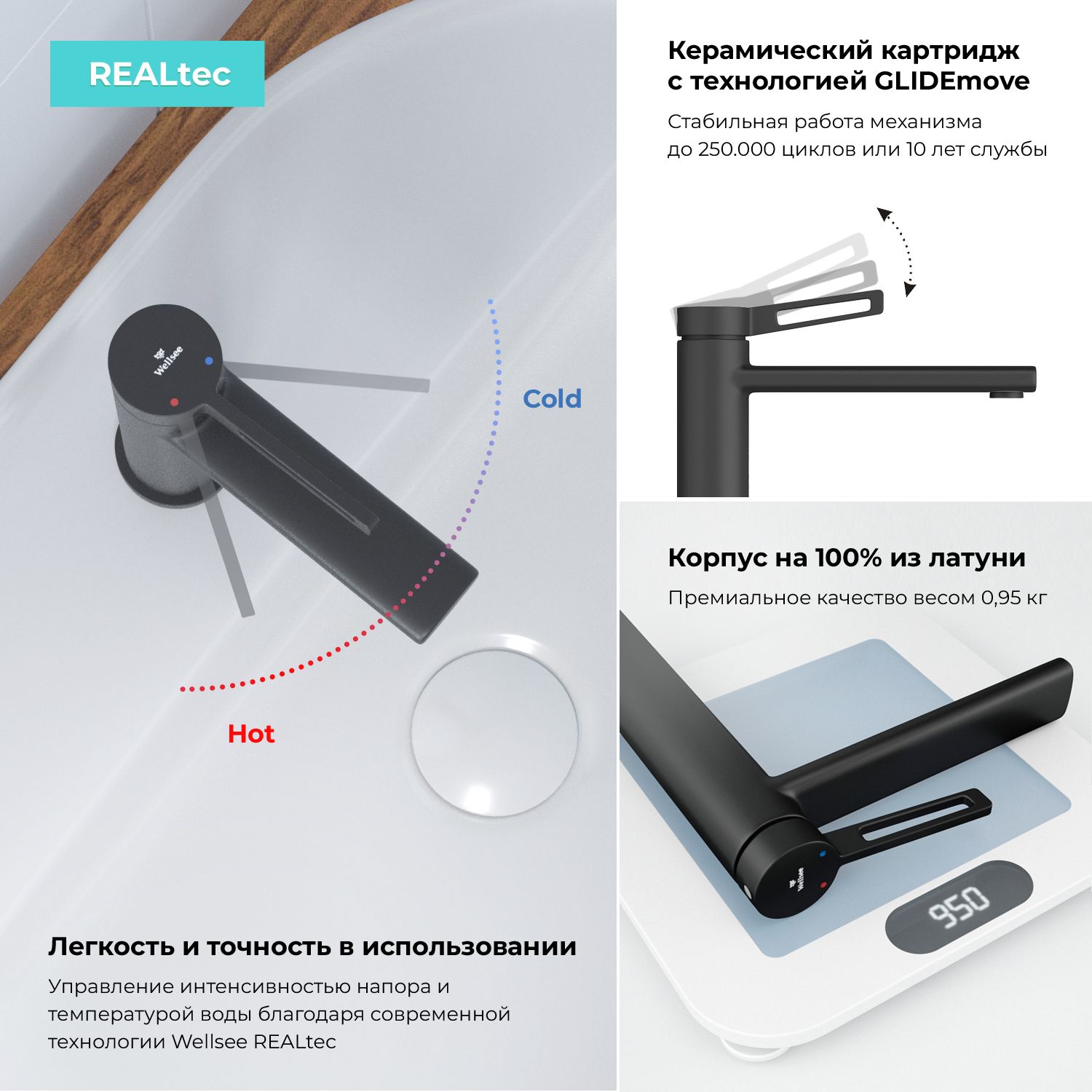 Смеситель для раковины Wellsee ONCE! and forever 201000207, в наборе 4 в 1, черный матовый
