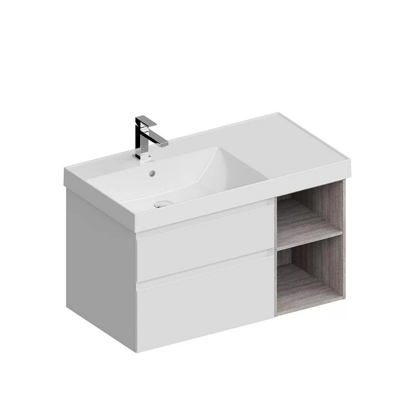CUB.90Lh/WHT.M Тумба CUBO левая подвесная с ящиками 90, белая матовая-древесная