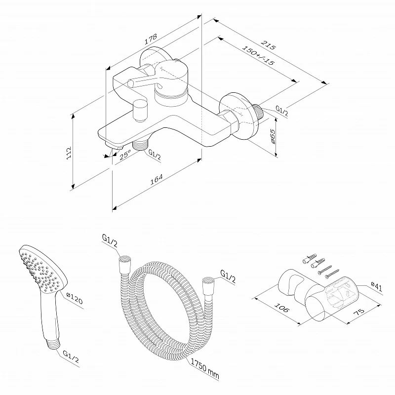 Смеситель для ванны и душа AM.PM X-Joy S F85B15000 душевая лейка, шланг 1750, хром