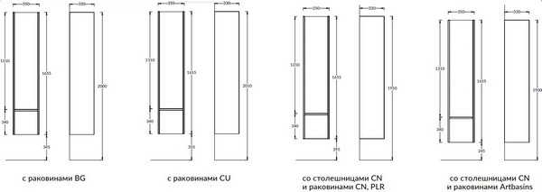 MO.165/WHT Пенал MODULA подвесной 170 с дверцей и ящиком, белый глянцевый