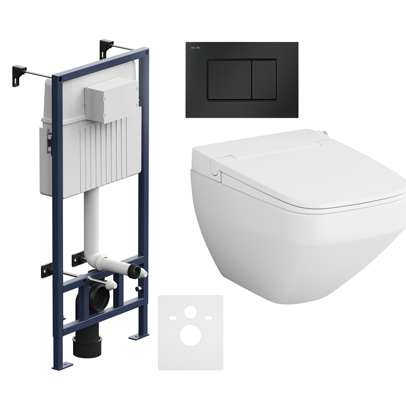 Комплект подвесной безободковый унитаз Am.Pm Inspire 2.0 CCC50A1700SC белый с интегрированным электронным биде + инсталляция Am.Pm ProC I012707.0238 с клавишей смыва ProC S, чёрная матовая