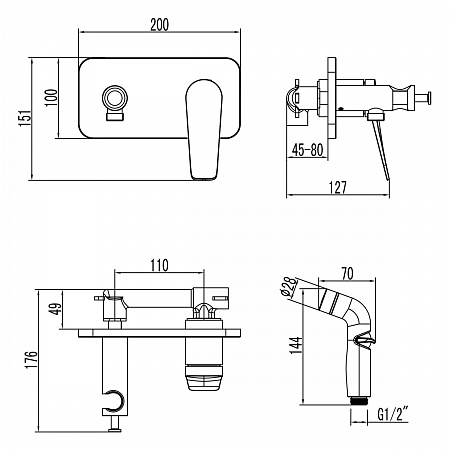 Смеситель Lemark Bronx LM3720GM с гигиеническим душем, встраиваемый, графит