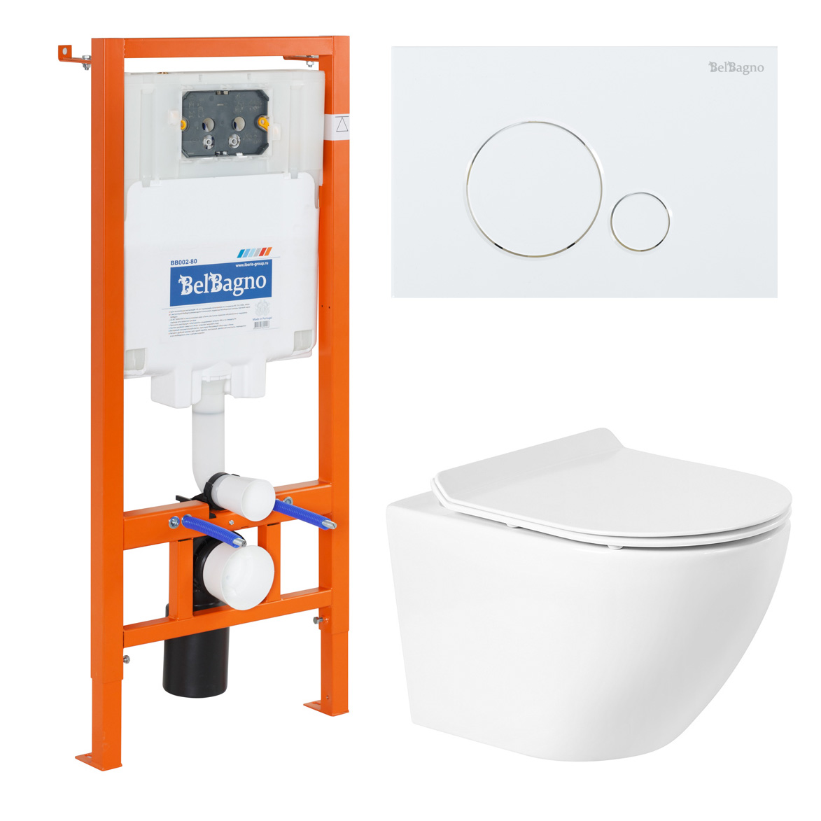 Комплект подвесной безободковый унитаз BelBagno Sfera-R BB046CHR с сиденьем микролифт BB2111SC + система инсталляции BelBagno BB002-80 с кнопкой смыва BB014-SR-BIANCO