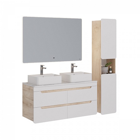 Тумба Lemark OLIVIA 125см под 2 раковины, подвесная,4 ящ., цвета: корпус-Дуб кантри, фасад-Белый гля