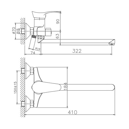 Смеситель для ванны HAIBA HB2201, длинный излив, латунь, хром