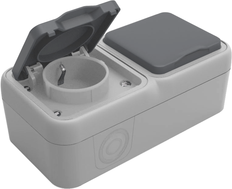Розетка Schuko с заземлением двойная со шторками с крышкой накладная 16А 250В IP55 на винтах,  цвет серый,  серия W55 Donel