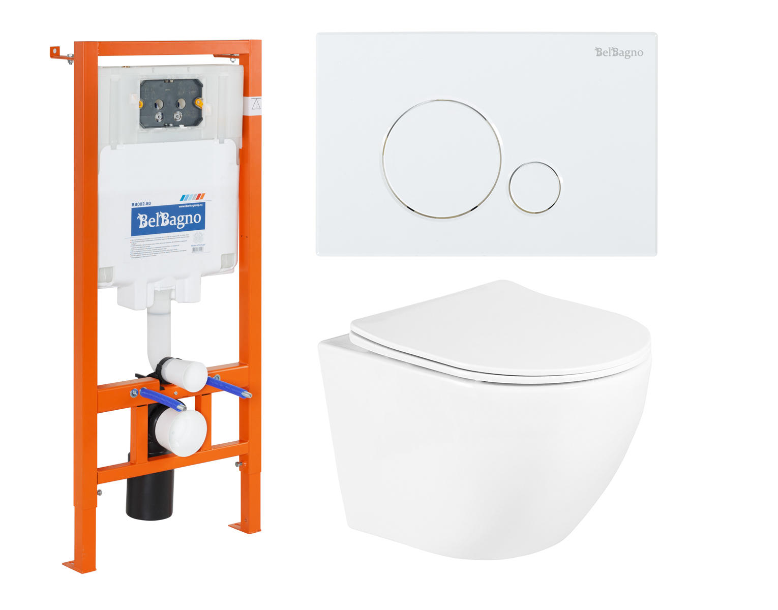 Комплект подвесной безободковый унитаз BelBagno Uno BB3105CHR/SC с сиденьем микролифт + система инсталляции BelBagno BB002-80 с кнопкой смыва BB014-SR-BIANCO