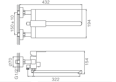 Смеситель для ванны HAIBA HB22803-7, длинный излив, нержавеющая сталь, черный