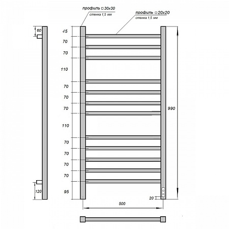 Полотенцесушитель электрический Point Вега PN71850 П12 500x1000, диммер справа, хром