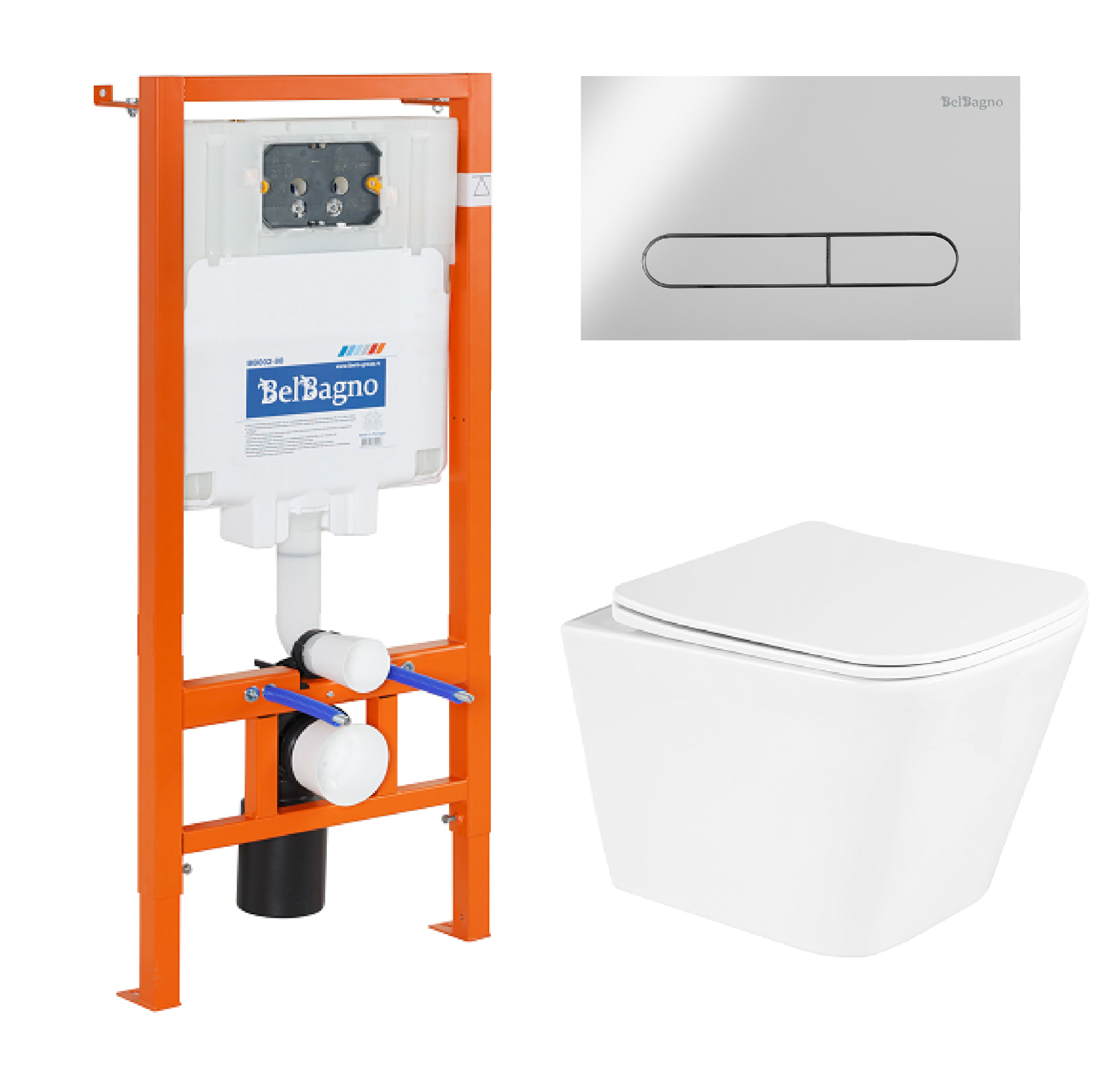 Комплект подвесной безободковый унитаз BelBagno Due BB3103CHR/SC с микролифтом + система инсталляции BelBagno BB002-80 с кнопкой смыва BB005-PR-CHROME