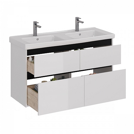 Тумба Lemark COMBI 125см под 2 раковины, подвесн/напольн,4 ящ, планки-Чёрный; корпус, фасад-Белый гл