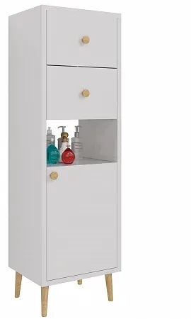 Пенал Dreja LUNO 35 см., напольный, правый, 1 дв., 2 ящ., 1 откр. полка, белый глянец