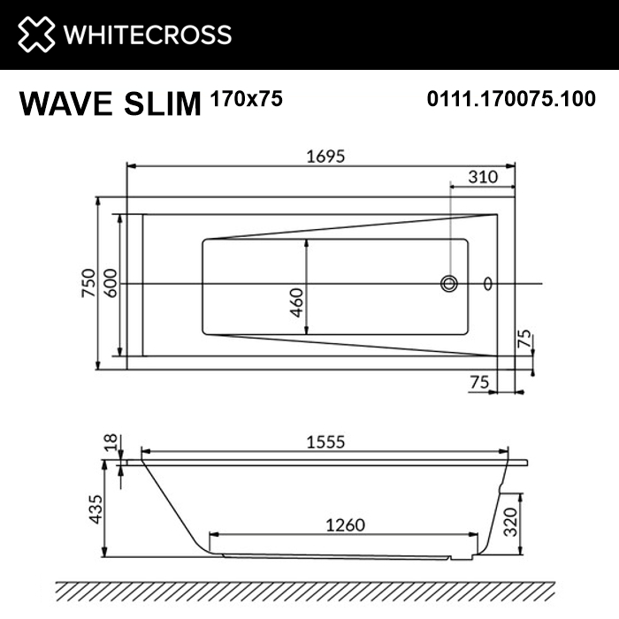Акриловая ванна 170х75 см Whitecross Wave 0111.170075.100.ULTRANANO.GL белая