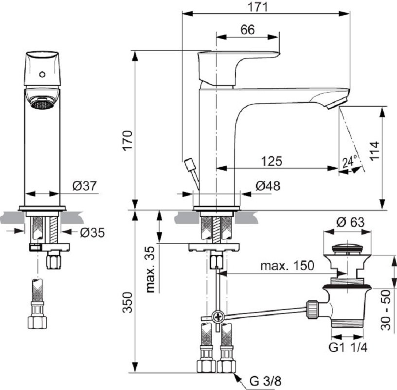 Смеситель Ideal Standard Connect Air Grande A7012AA для раковины, с донным клапаном