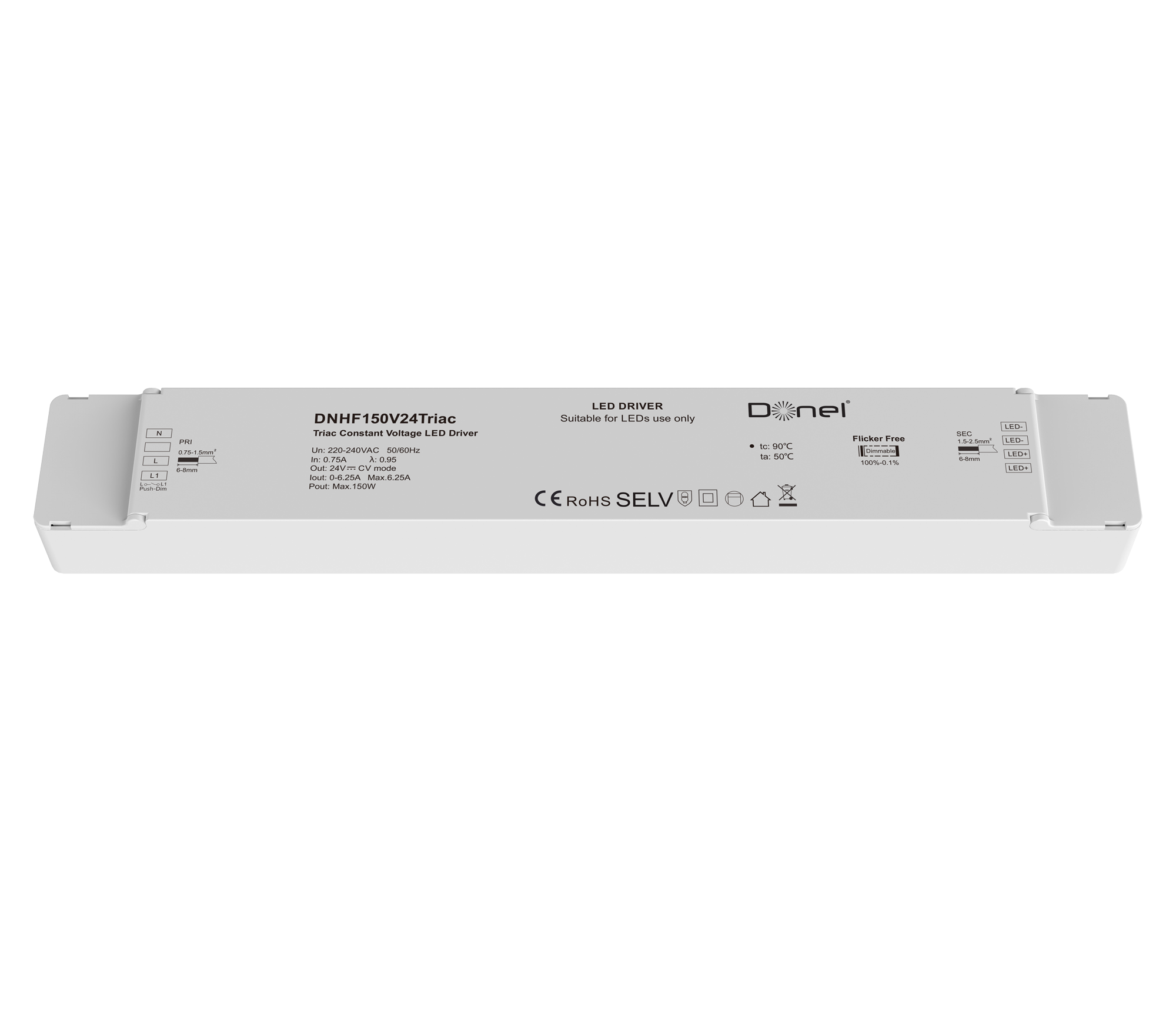 Блок питания для светодиодной ленты,  DC24В 150Вт 6.25А IP20,  диммируемый Triac,  размер 310х45х30мм