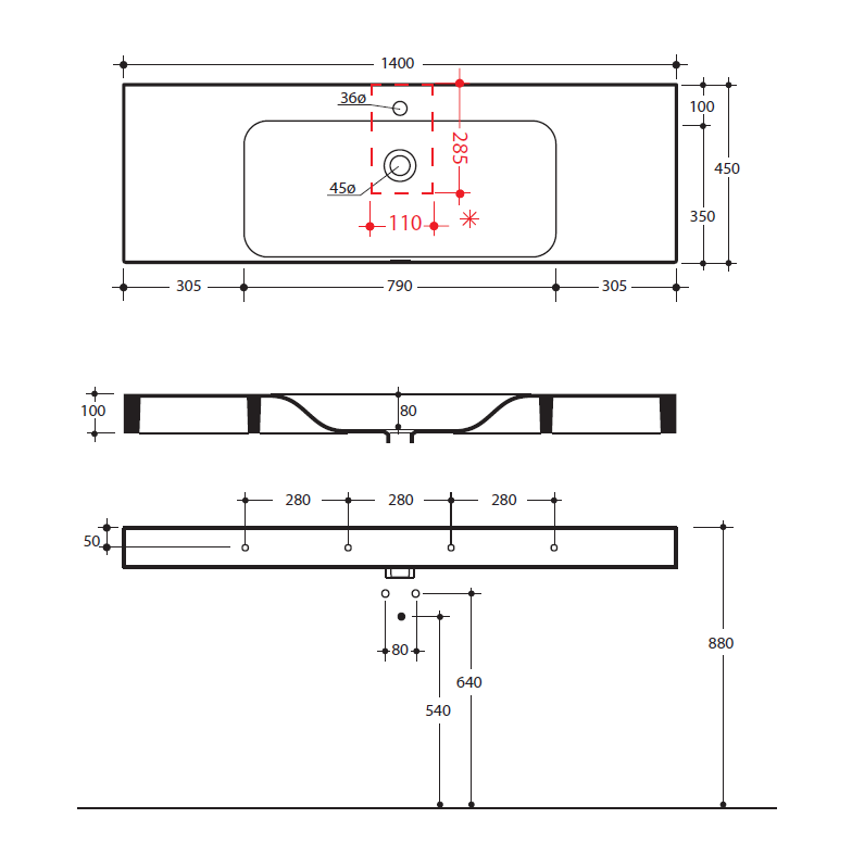 Раковина Kerasan Cento 3535 bix1 140x45см