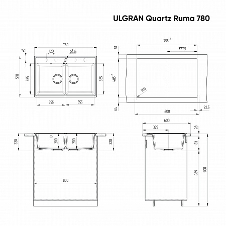 Мойка кухонная ULGRAN Quartz Ruma 780-10, песок