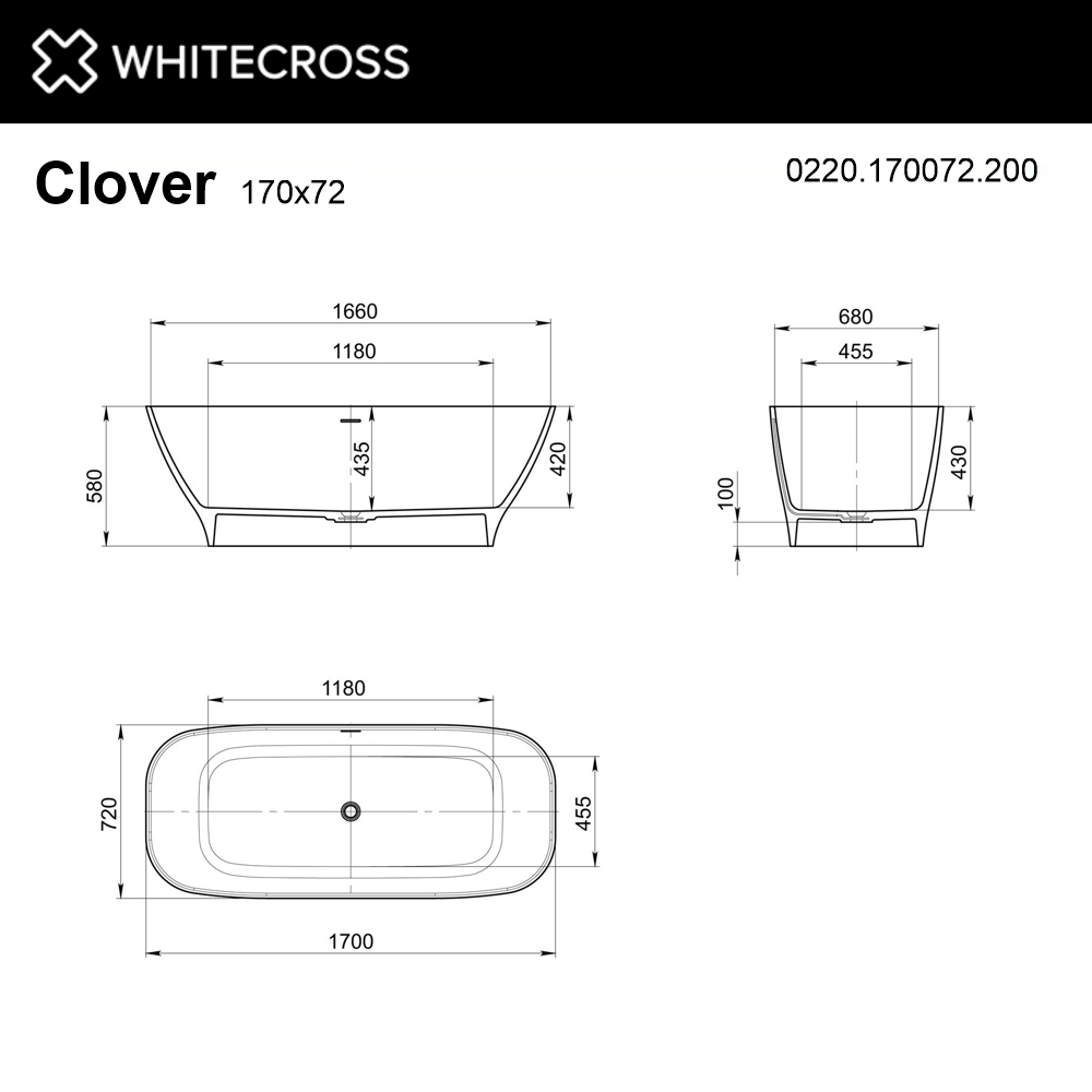Ванна из искусственного камня 170х70 см Whitecross Clover 0220.170072.200 матовая белая