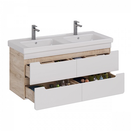 Тумба Lemark OLIVIA 125см под 2 раковины, подвесная,4 ящ., цвета: корпус-Дуб кантри, фасад-Белый гля