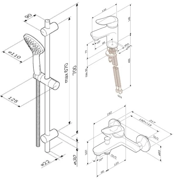 2 смесителя с душевой лейкой AM.PM Sunny F40985C00 в наборе, шланг 1750, хром