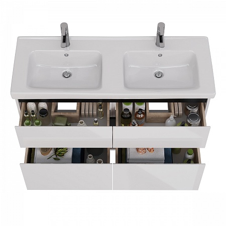 Тумба Lemark COMBI 125см под 2 раковины, подвесн/напольн,4 ящ, планки-Чёрный; корпус, фасад-Белый гл