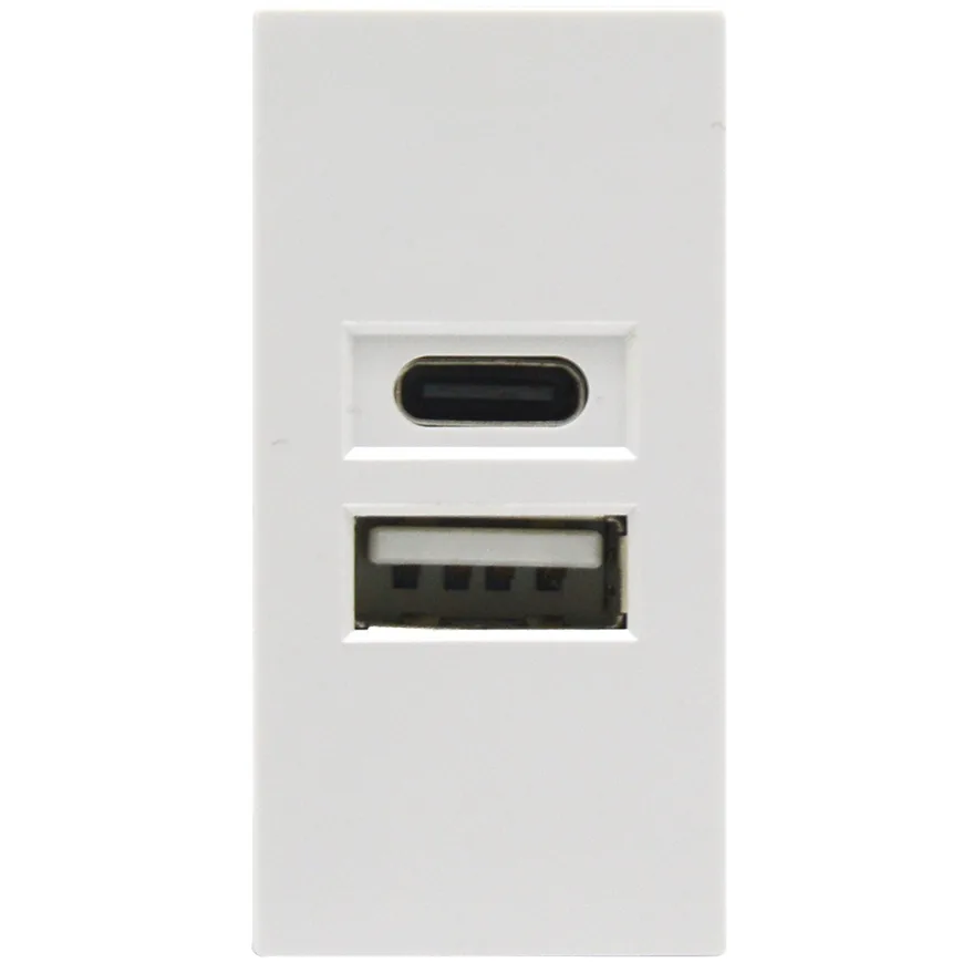 USB-зарядка 2100мA типа A+С,  1 модуль,  22.5х45мм,  цвет белый
