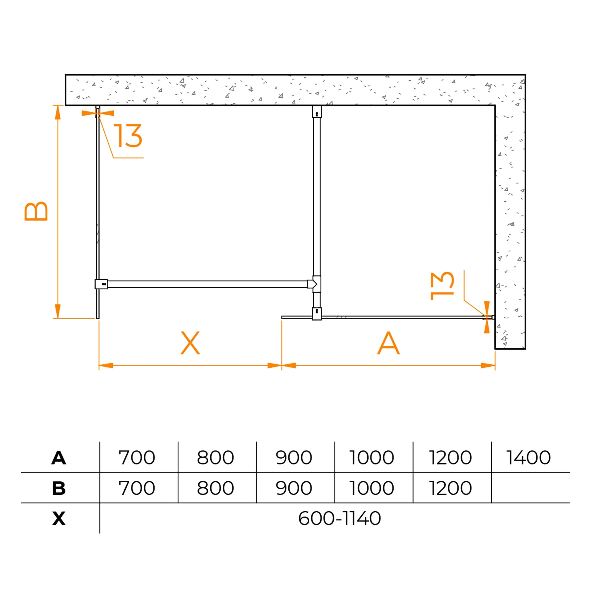 Душевая перегородка RGW WA-020B (WA-010B (2 шт.) + S-1220 B), Прозрачное, 700x900