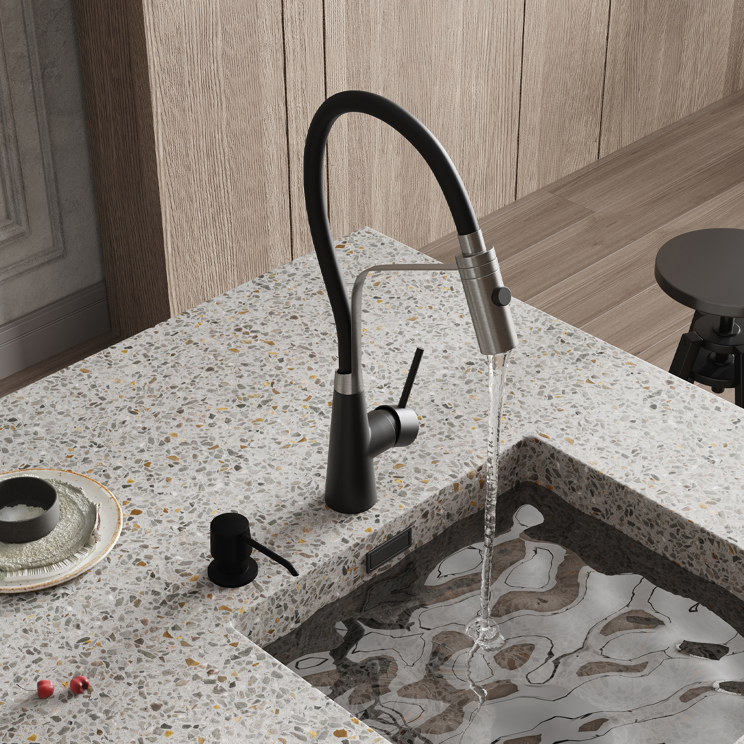 Смеситель для кухонной мойки Wasserkraft A8417 с гибким изливом, матовая нержавеющая сталь / MagicBlack