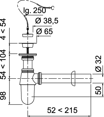 Сифон WIRQUIN SL213 1¼ x 32 мм с латунным хромированным выпуском, отвод L200 мм, с цепочкой