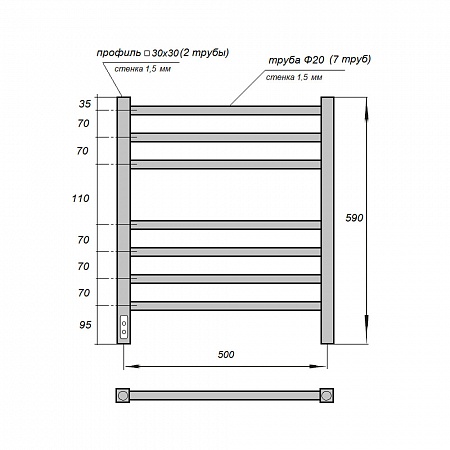 Полотенцесушитель электрический Point Веста PN70756B П7 500x600, диммер слева, черный