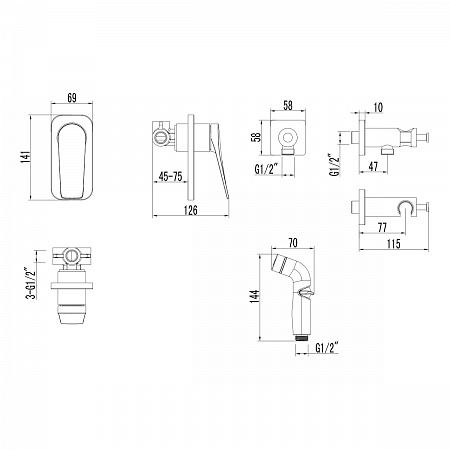 Смеситель Lemark Bronx LM3719GM с гигиеническим душем, встраиваемый, графит