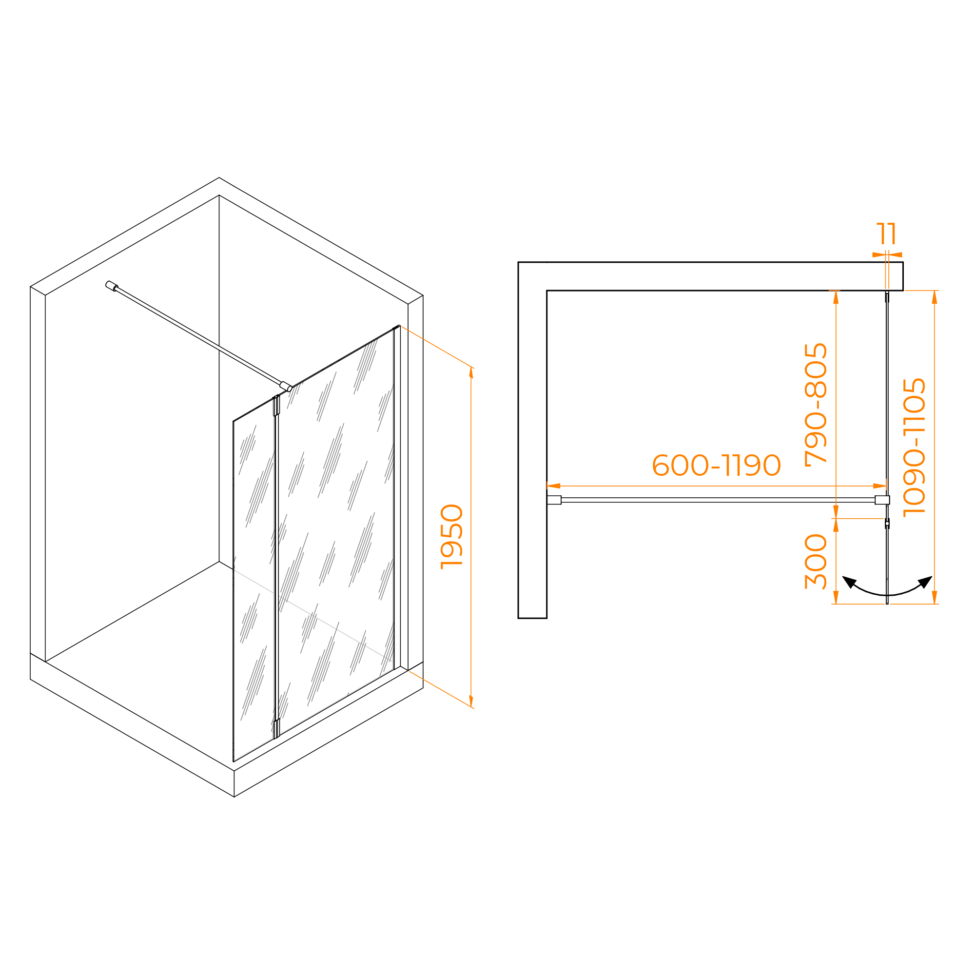 Душевая перегородка RGW WA-050Gb (WA-002Gb + Z-070Gb), Прозрачное, 800