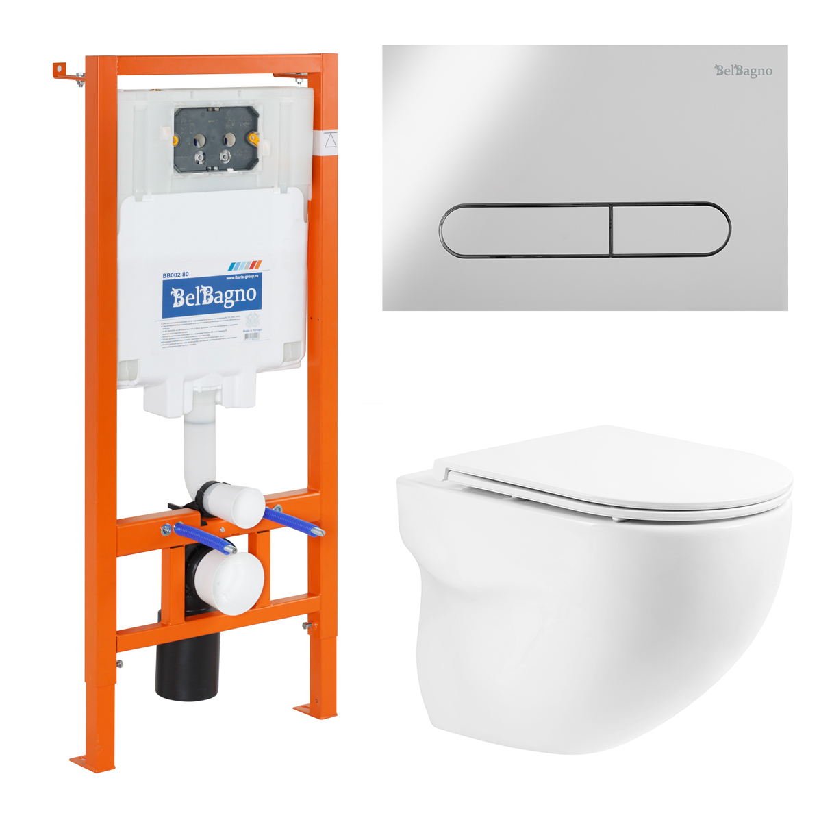 Комплект подвесной безободковый унитаз BelBagno Onda BB066CHR с сиденьем микролифт BB870SC + система инсталляции BelBagno BB002-80 с кнопкой смыва BB005-PR-CH