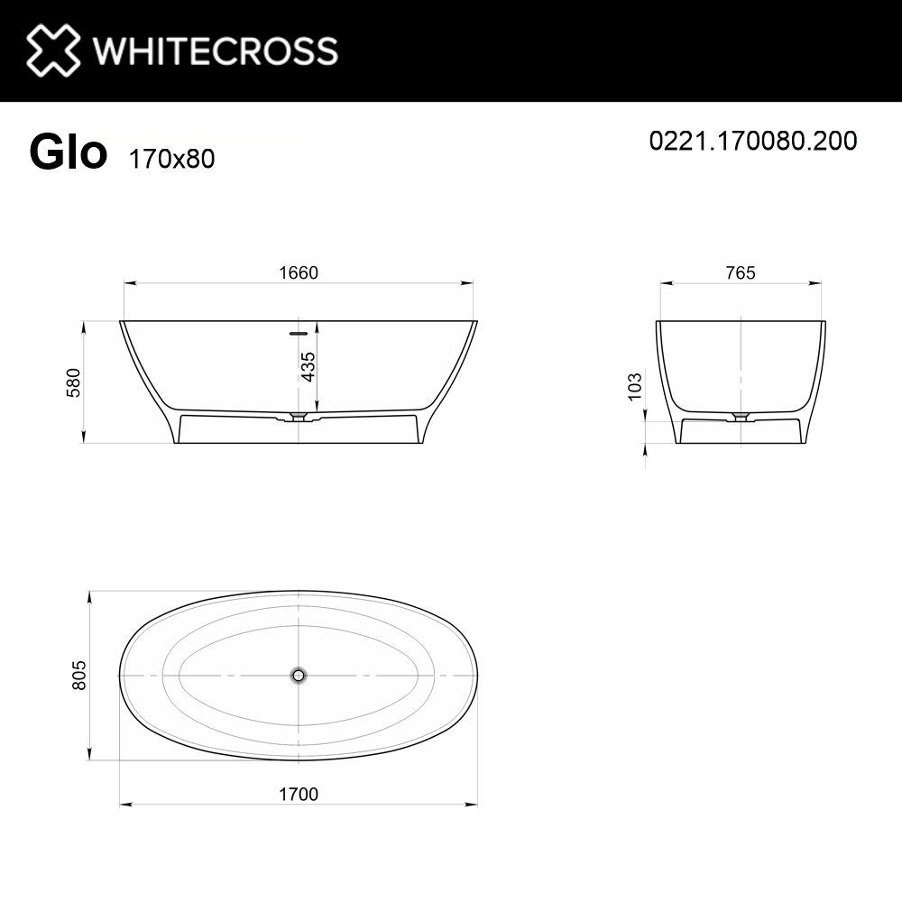 Ванна из искусственного камня 170х80 см Whitecross Glock 0221.170080.200 матовая белая