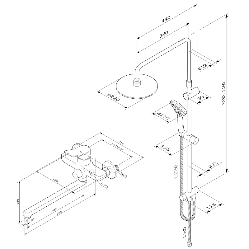 Душевая система AM.PM X-Joy F40885A94 стойка с тропическим душем, хром + смеситель для ванны с длинным изливом, хром