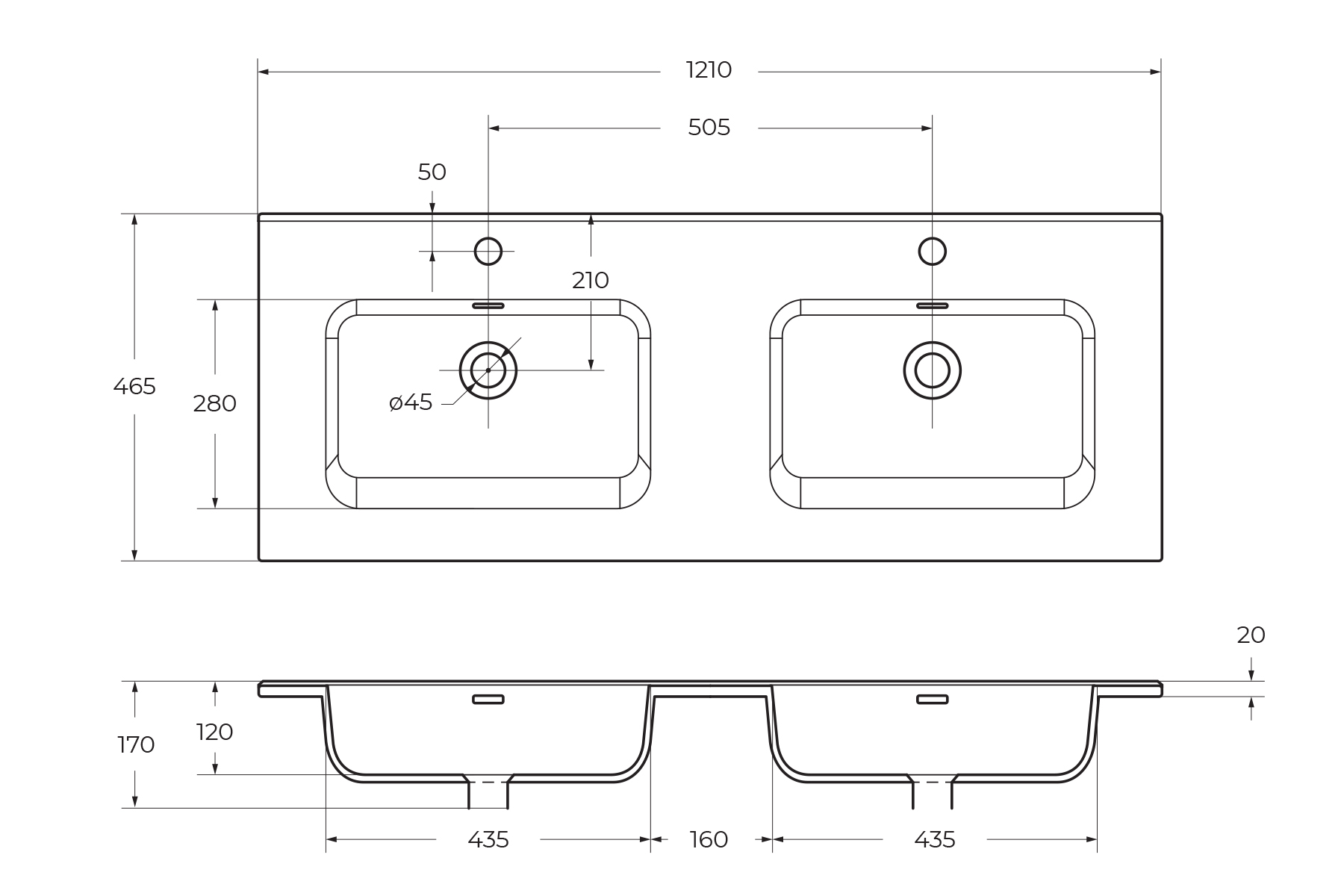 Раковина BelBagno 120 см BB1200-2-ETL глянцевая белая