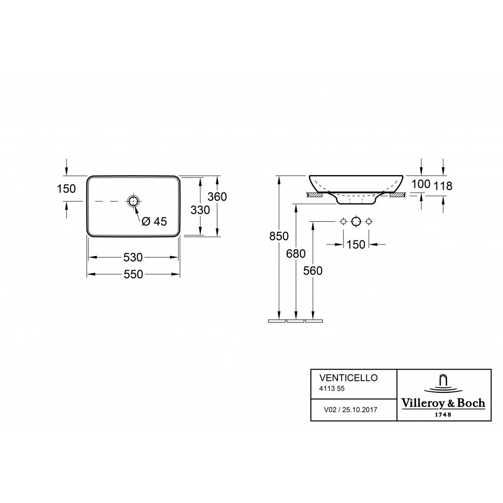 Раковина 55 см Villeroy & Boch Venticello 41135501 белый