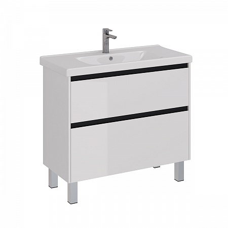 Тумба Lemark COMBI 100см под раковину, подвесн/напольн, 2 ящ, планки-Чёрный; корпус,фасад-Белый глян