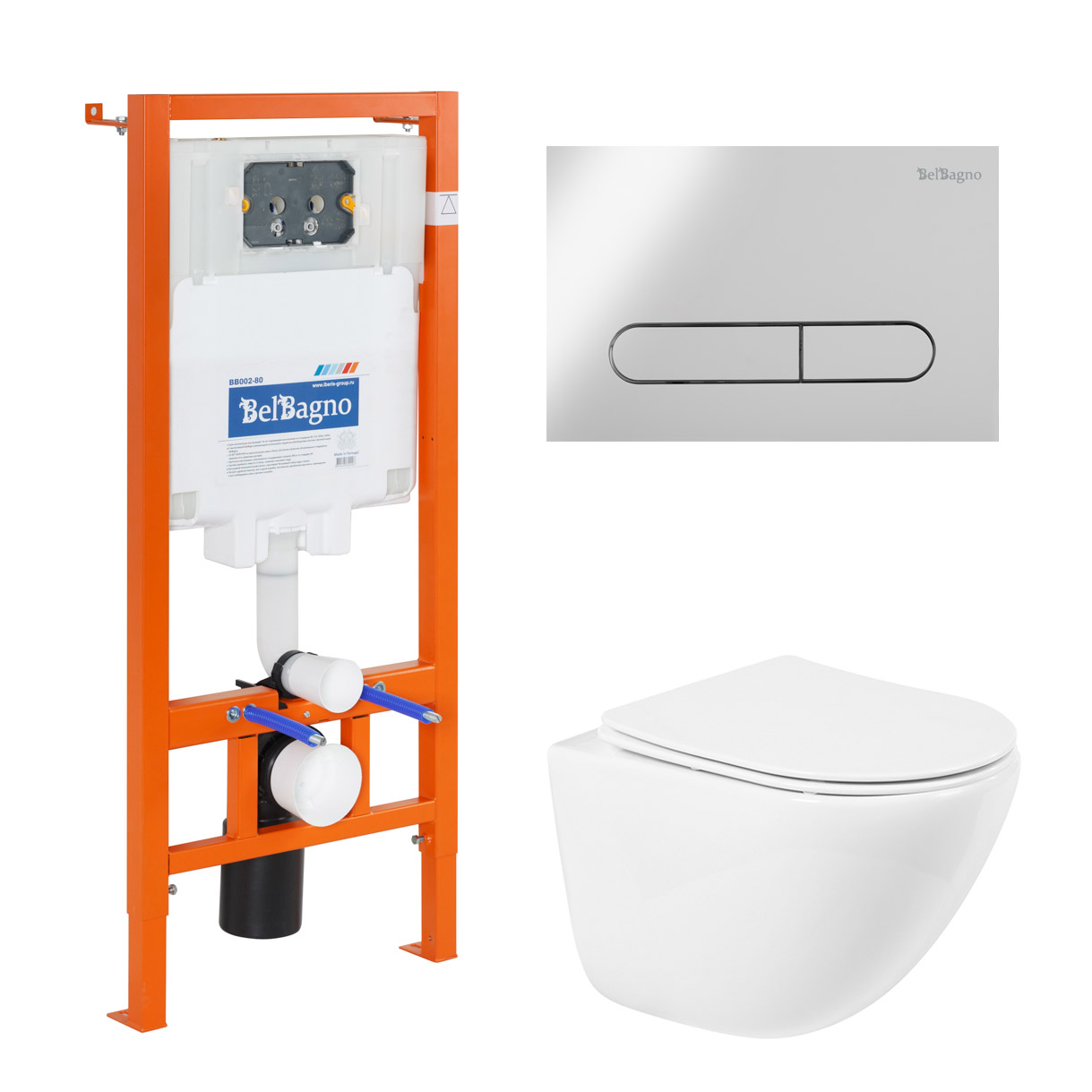 Комплект подвесной безободковый унитаз BelBagno Amanda BB051CHR с сиденьем микролифт BB051SC + система инсталляции BelBagno BB002-80 с кнопкой смыва BB005-PR-CHROME