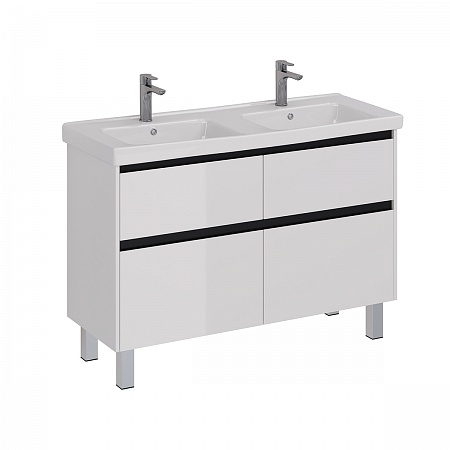 Тумба Lemark COMBI 125см под 2 раковины, подвесн/напольн,4 ящ, планки-Чёрный; корпус, фасад-Белый гл