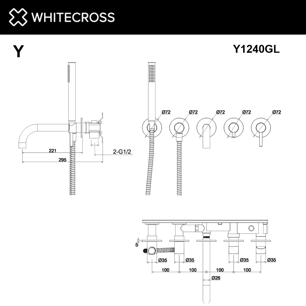Смеситель для ванны с душем Whitecross Y gold Y1240GL глянцевое золото, на 2 потребителя