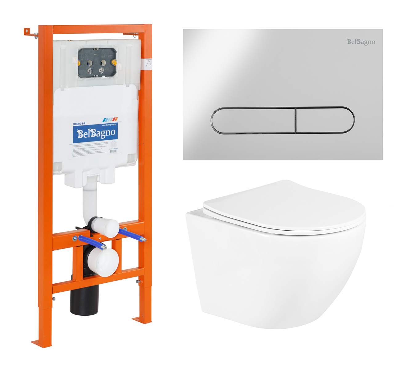 Комплект подвесной безободковый унитаз BelBagno Uno BB3105CHR/SC с сиденьем микролифт + система инсталляции BelBagno BB002-80 с кнопкой смыва BB005-PR-CH