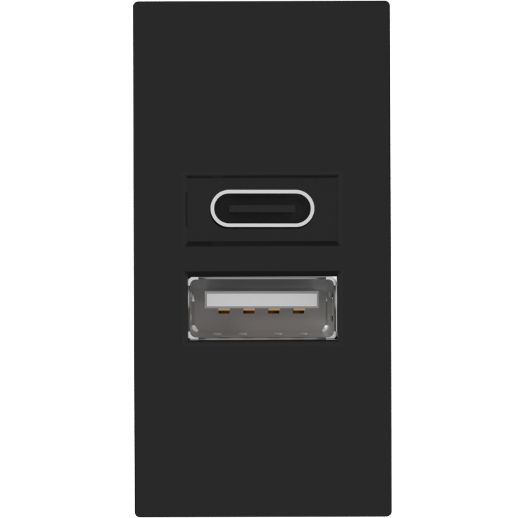 USB-зарядка 2100мA типа A+С,  1 модуль,  22.5х45мм,  цвет черный