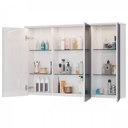 Шкаф зеркальный Lemark ZENON 120х80см 3-х дв, с козырьком-подсветкой, с розеткой, Белый глянец