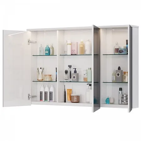 Шкаф зеркальный Lemark ZENON 120х80см 3-х дв, с козырьком-подсветкой, с розеткой, Белый глянец