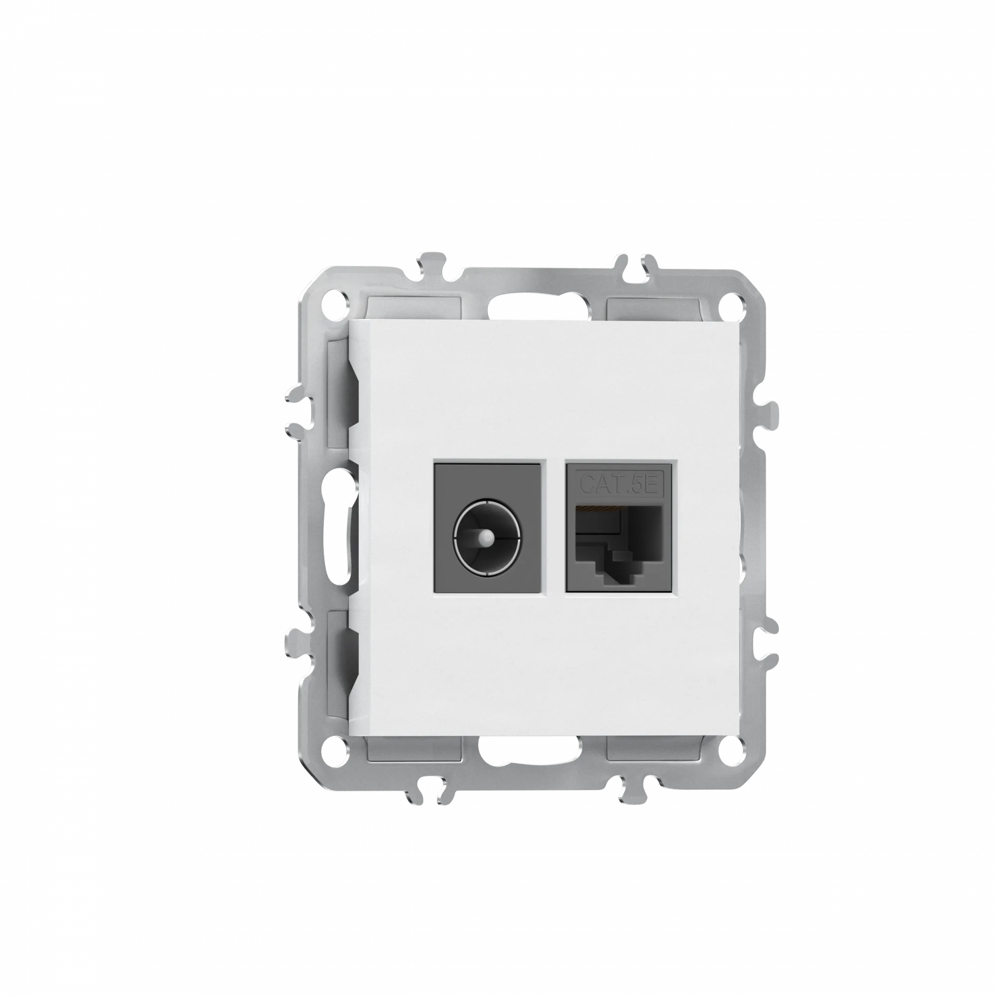 Розетка RJ45 cat.5 + TV 0-2400 МГц,  комбинированная на 2 выхода (компьютер + телевизор),  цвет глянцевый белый,  серия A07 Donel