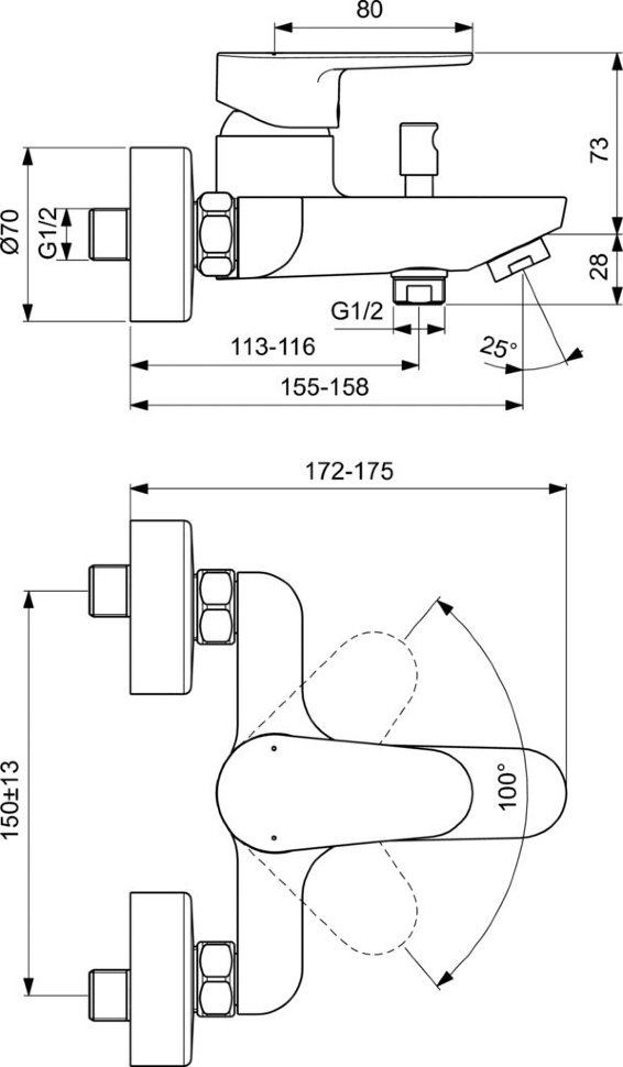 Настенный смеситель для ванны/душа Ideal Standard CERAFINE O BC500XG