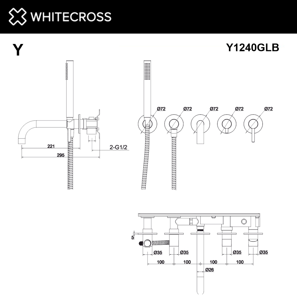 Смеситель для ванны с душем Whitecross Y brushed gold Y1240GLB брашированное золото, на 2 потребителя