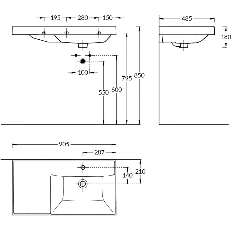 CU.wb.90Rh Раковина CUBO 90 правая с крепежом
