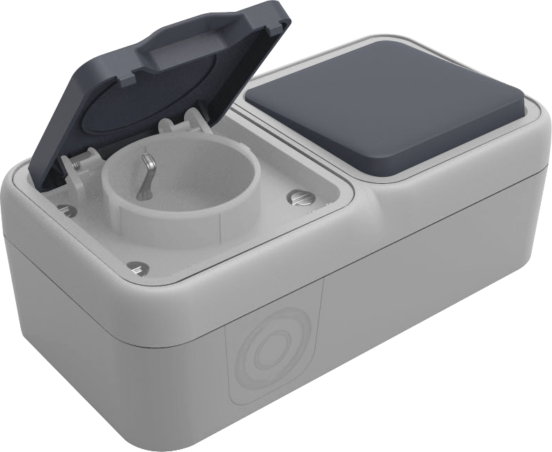 Двойной блок накладной IP55 - розетка Schuko с заземлением со шторками с крышкой 16А 250В на винтах + выключатель 1-клавишный проходной накладной 10A 250В,  цвет серый,  серия W55 Donel